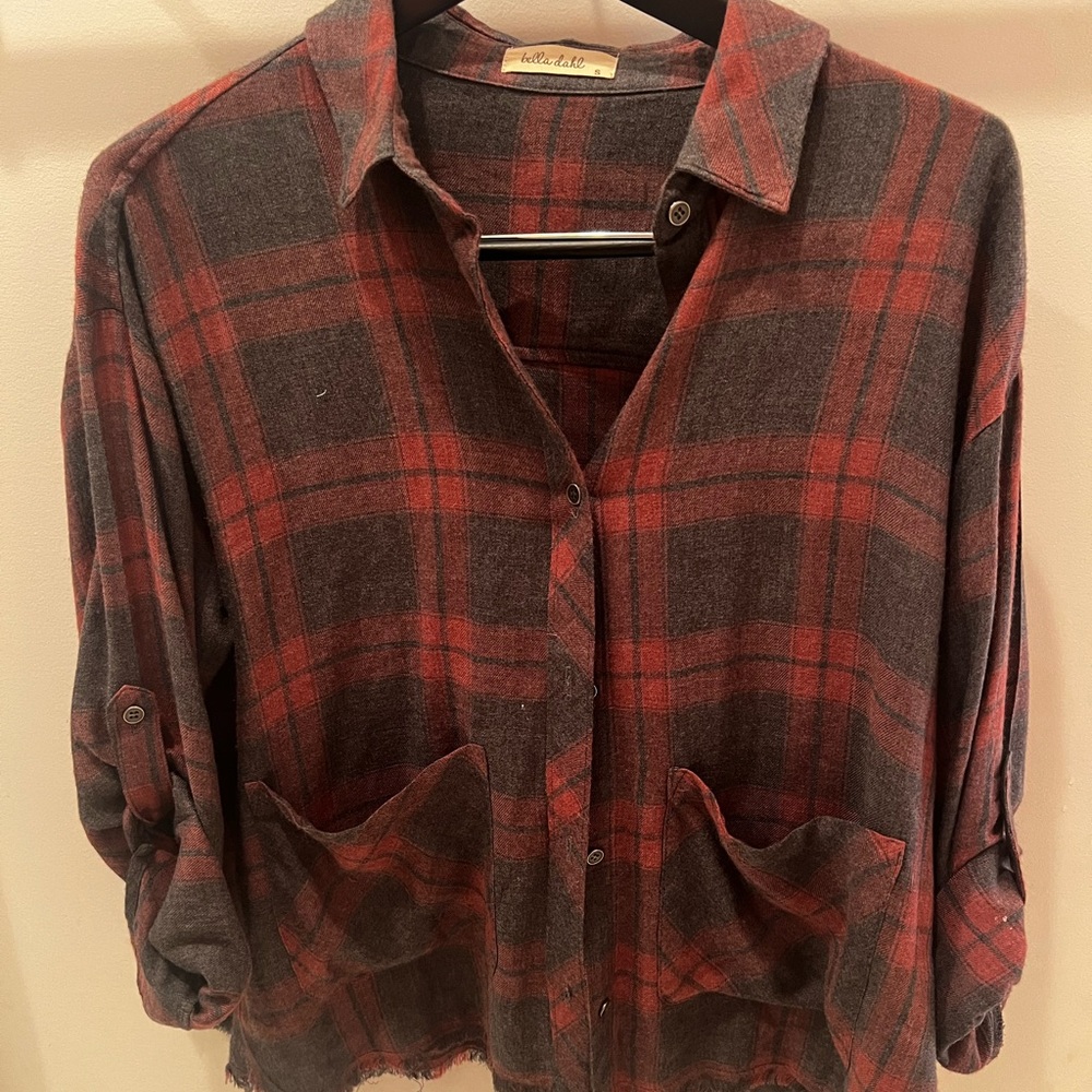 Bella Dahl Red and Black Distressed Plaid Shirt